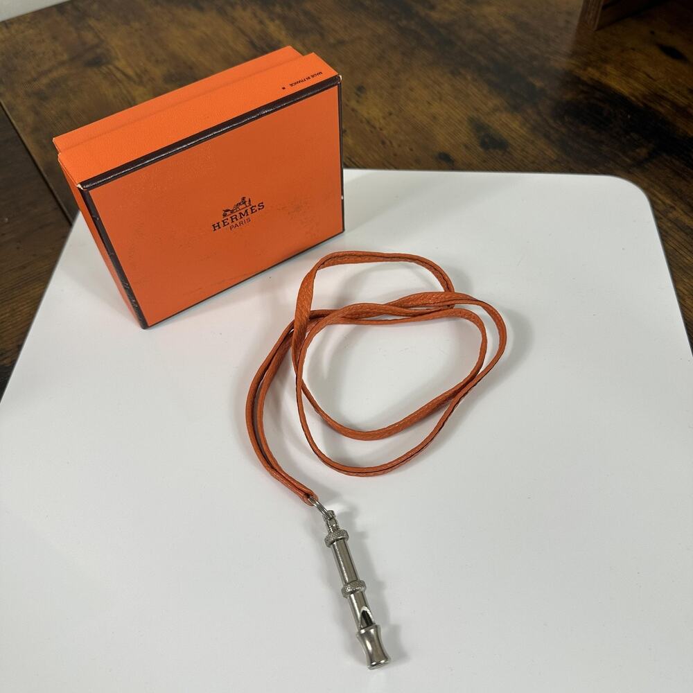 Hermes Paris Dog Training Whistle Stainless Steel Orange Leather Lanyard France